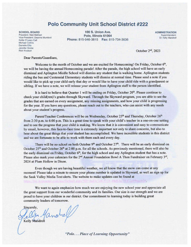 10/01/2023 Letter from Dr. Mandrell | Polo Community Unit School District